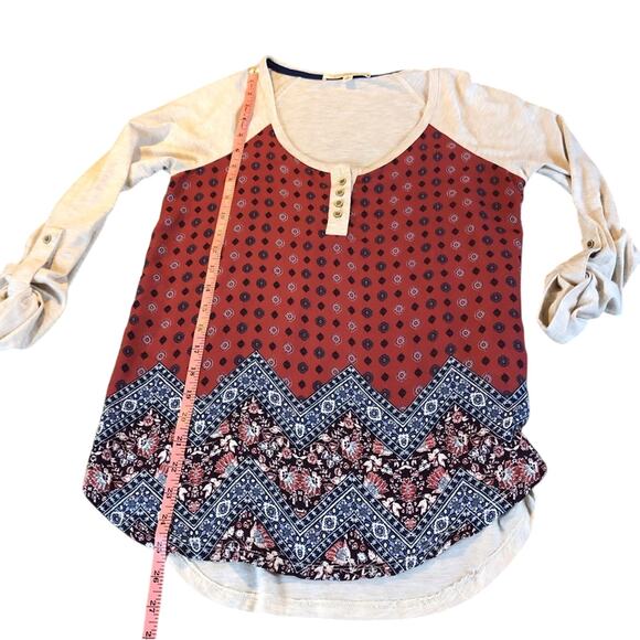 Rewind Boho Inspired Red White Blue Scoop Neck Roll sleeve Mixed Media Top - Picture 12 of 16